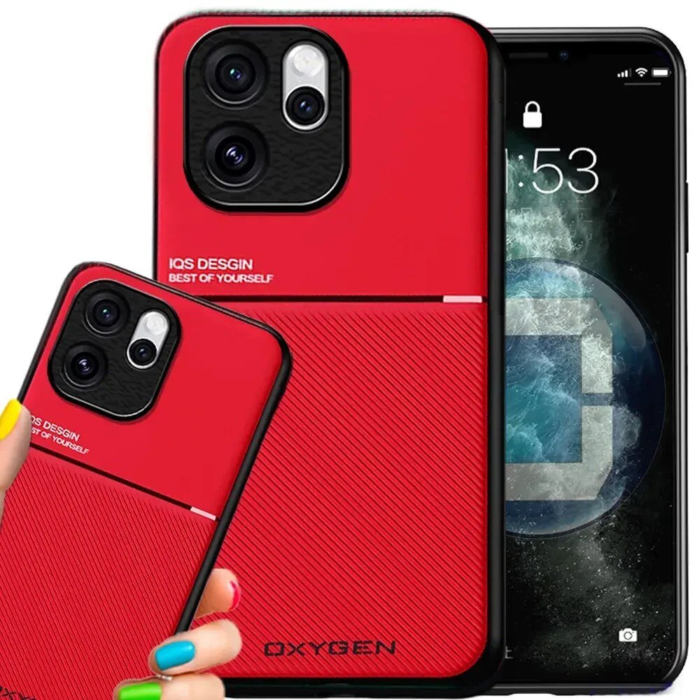 Czerwone etui na telefon z napisem \'IQS DESIGN BEST OF YOURSELF\' oraz \'OXYGEN\'. Etui posiada wycięcia na aparat i przyciski, a obok widoczny jest telefon z wyświetlaczem pokazującym godzinę 1:53.