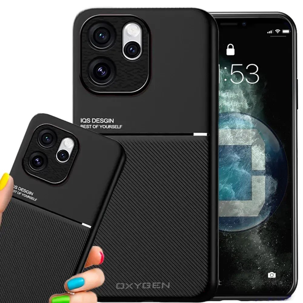 Na obrazie widoczne są dwa czarne etui na telefon z napisem \'IQS DESIGN BEST OF YOURSELF\' oraz \'OXYGEN\'. Etui mają teksturowaną powierzchnię i otwory na aparaty fotograficzne.