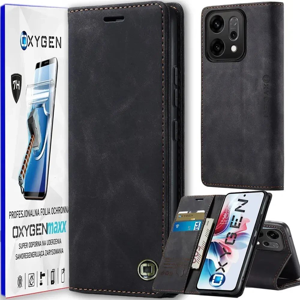 Na obrazie widoczne jest czarne etui na telefon z miejscem na karty oraz opakowanie z napisem \'OXYGEN\'. Etui jest otwarte, ukazując ekran telefonu z grafiką i logo \'OXYGEN\'.