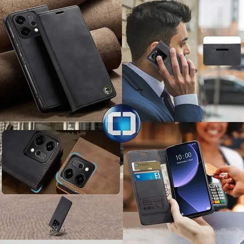 Obraz przedstawia etui na telefon w kolorze czarnym, z miejscem na karty i funkcją stojaka. W tle widoczna jest osoba rozmawiająca przez telefon oraz zbliżenie na telefon w etui podczas płatności zbliżeniowej.