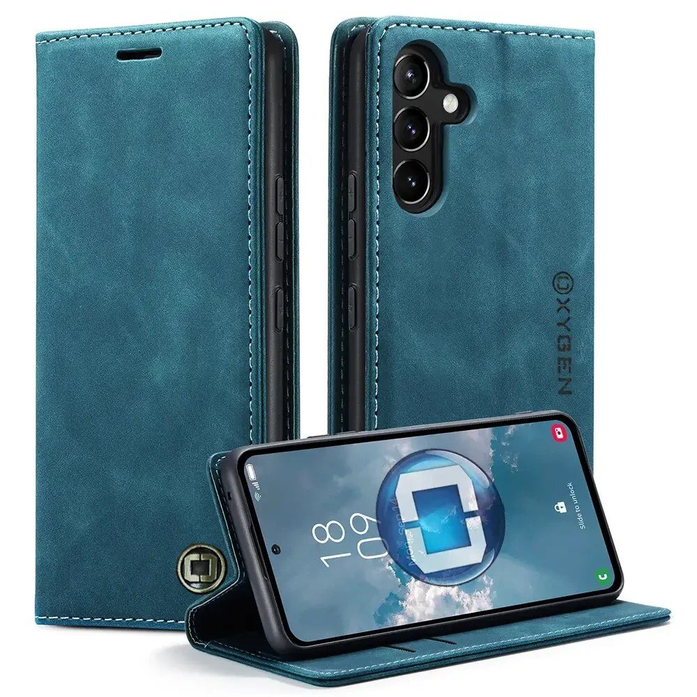 Na obrazie widoczne jest etui na telefon w kolorze niebieskim z logo \'OXYGEN\'. Etui jest otwarte, a w środku znajduje się telefon z wyświetlaczem pokazującym godzinę 18:09.