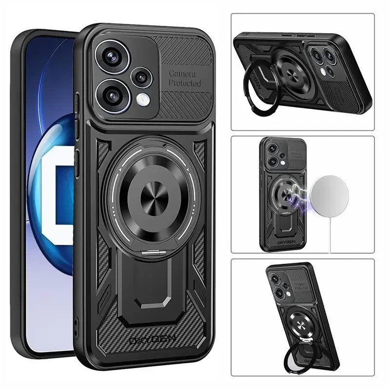 Obraz przedstawia czarne etui na telefon z trzema otworami na aparat i napisem \'Camera Protected\'. Etui posiada okrągły uchwyt i jest oznaczone logo \'OXYGEN\'.