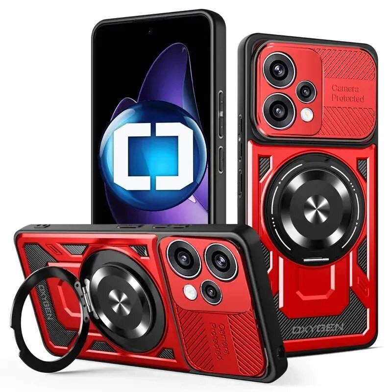 Obraz przedstawia czerwone etui na telefon z okrągłym uchwytem i trzema otworami na aparaty. Na etui widoczny jest napis \'Camera Protected\' oraz logo \'OXYGEN\'.