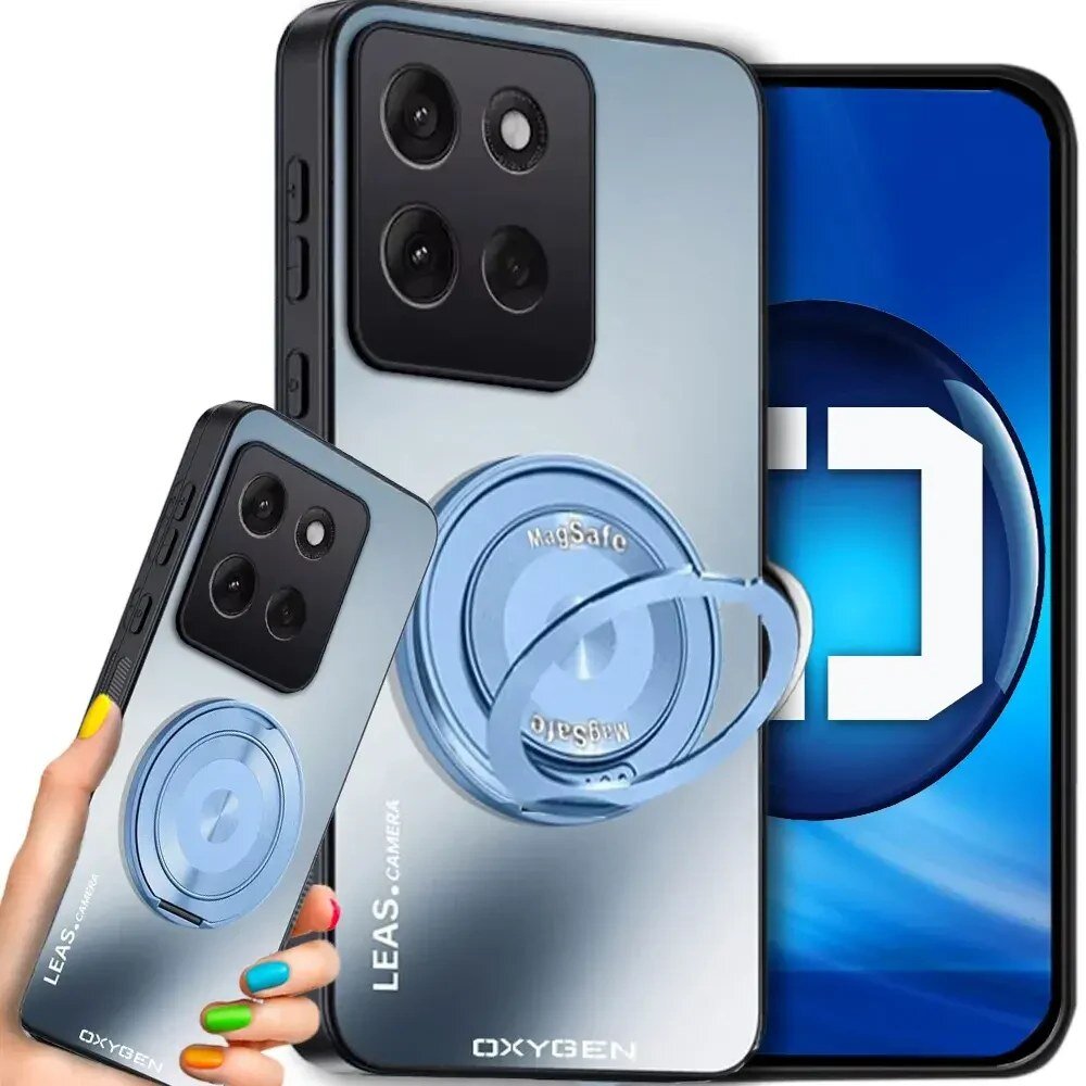 Obraz przedstawia etui na telefon z napisem \'LEAS. CAMERA\' oraz \'OXYGEN\'. Etui ma wbudowany uchwyt oznaczony jako \'MagSafe\'.