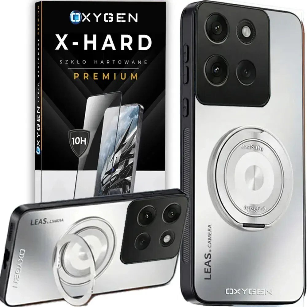 Na obrazie widoczne jest etui na telefon z trzema aparatami i okrągłym uchwytem, obok opakowanie z napisem \'OXYGEN X-HARD SZKŁO HARTOWANE PREMIUM\'.