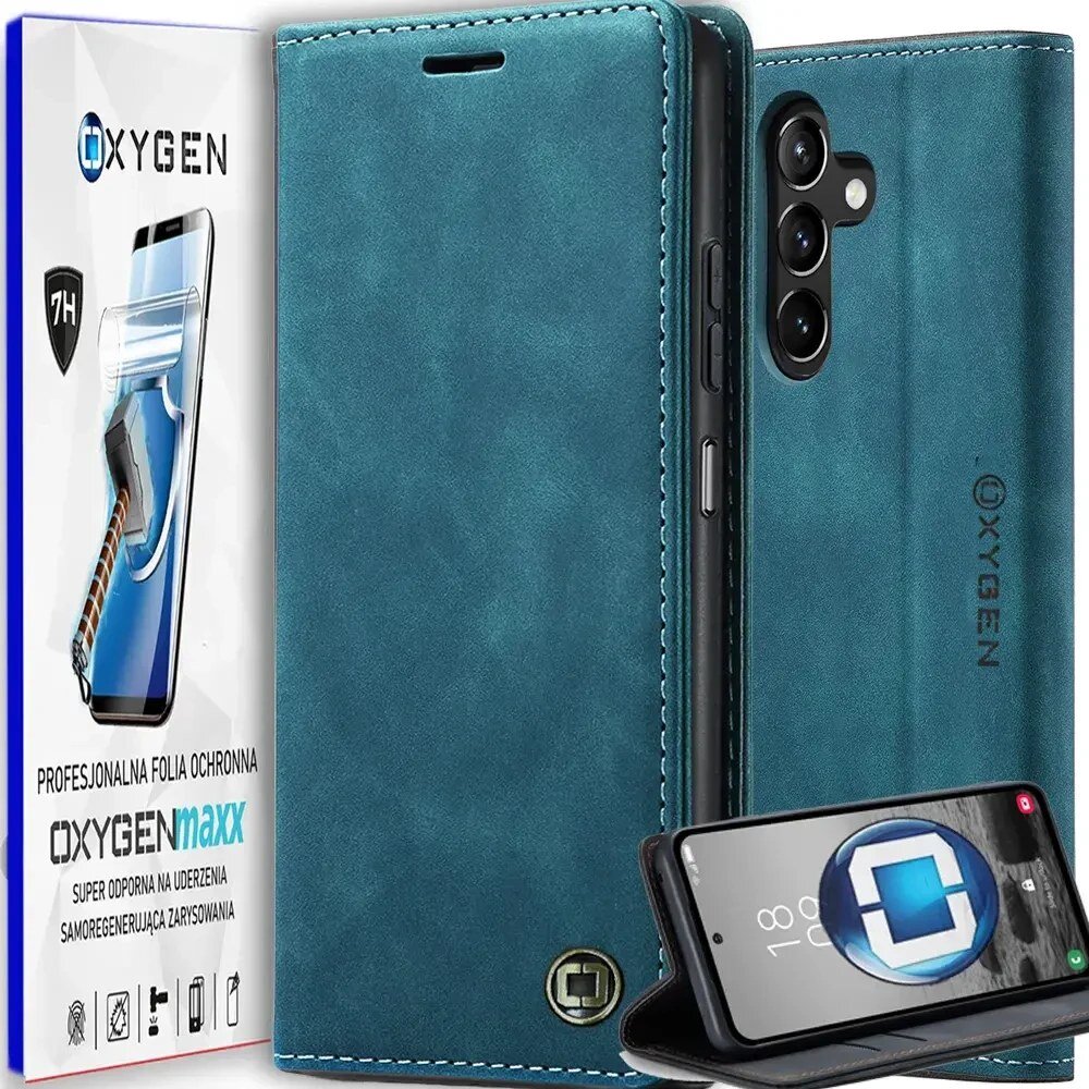 Obraz przedstawia niebieskie etui na telefon z logo OXYGEN, z trzema widocznymi aparatami. Obok znajduje się opakowanie z napisem \'PROFESJONALNA FOLIA OCHRONNA OXYGEN maxx SUPER ODPORNA NA UDERZENIA SAMOREGENERUJĄCA ZARYSOWANIA\'.
