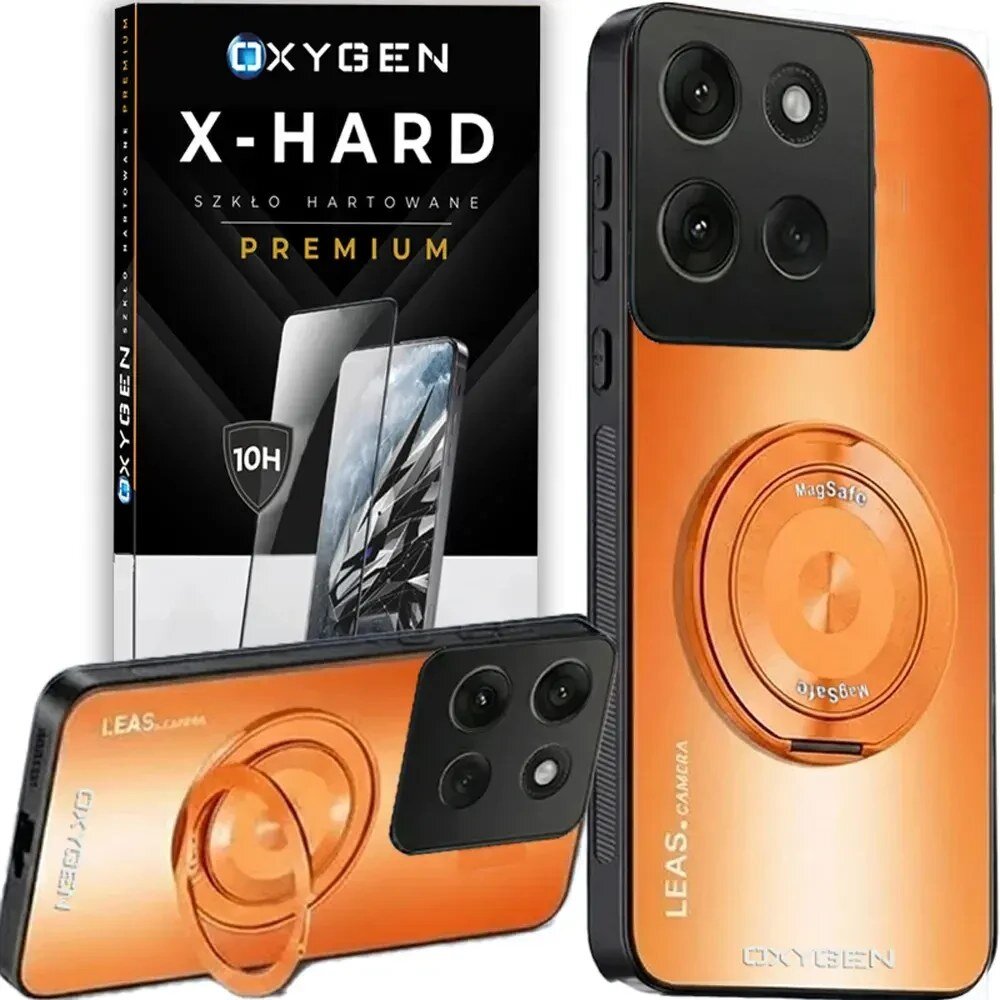 Obraz przedstawia pomarańczowe etui na telefon z okrągłym uchwytem MagSafe oraz trzema aparatami. W tle widoczna jest także opakowanie szkła hartowanego z napisem \'OXYGEN X-HARD SZKŁO HARTOWANE PREMIUM\'.