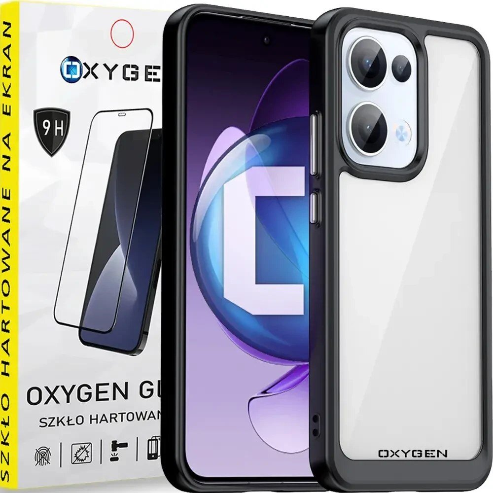 Na obrazie widoczne jest etui na telefon z przezroczystym tyłem i czarnymi krawędziami, obok opakowanie z napisem \'OXYGEN GUARD SZKŁO HARTOWANE NA EKRAN\'.