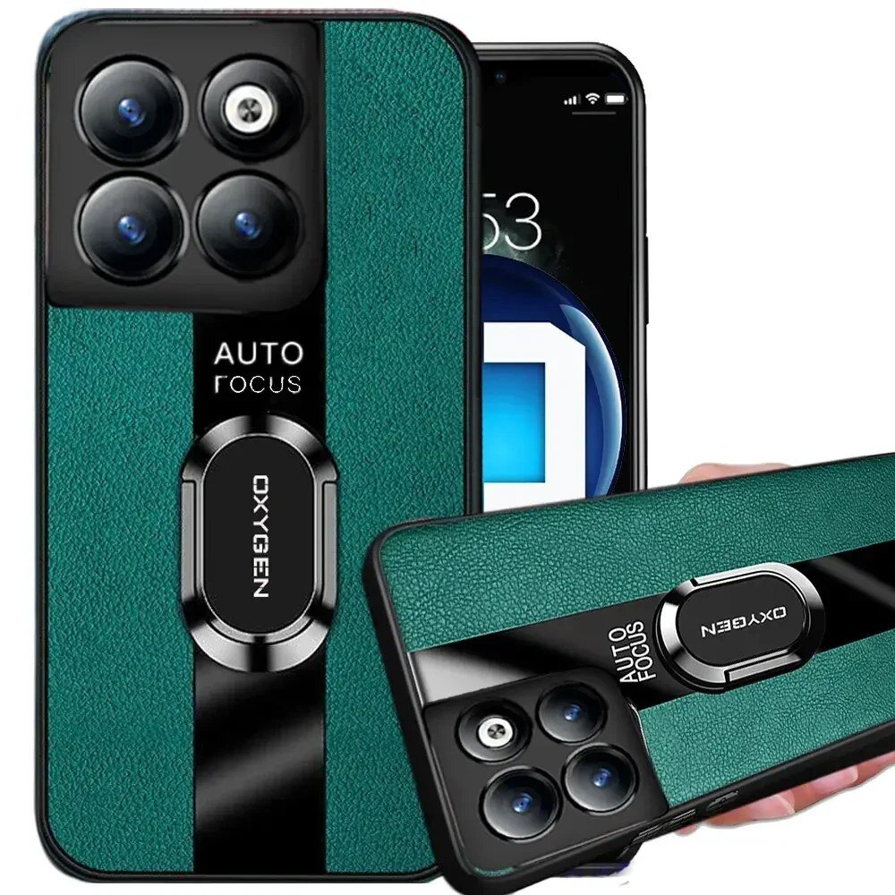 Etui na telefon w kolorze zielonym z czarnym paskiem, posiada napis \'AUTO FOCUS\' oraz \'OXYGEN\'. Widoczne są cztery okrągłe otwory na aparaty fotograficzne.