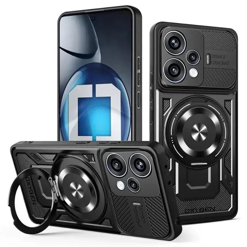 Na obrazie widoczne są dwa czarne etui na telefon z okrągłym uchwytem i miejscem na aparat. Na jednym z etui znajduje się napis \'Camera Protected\'.