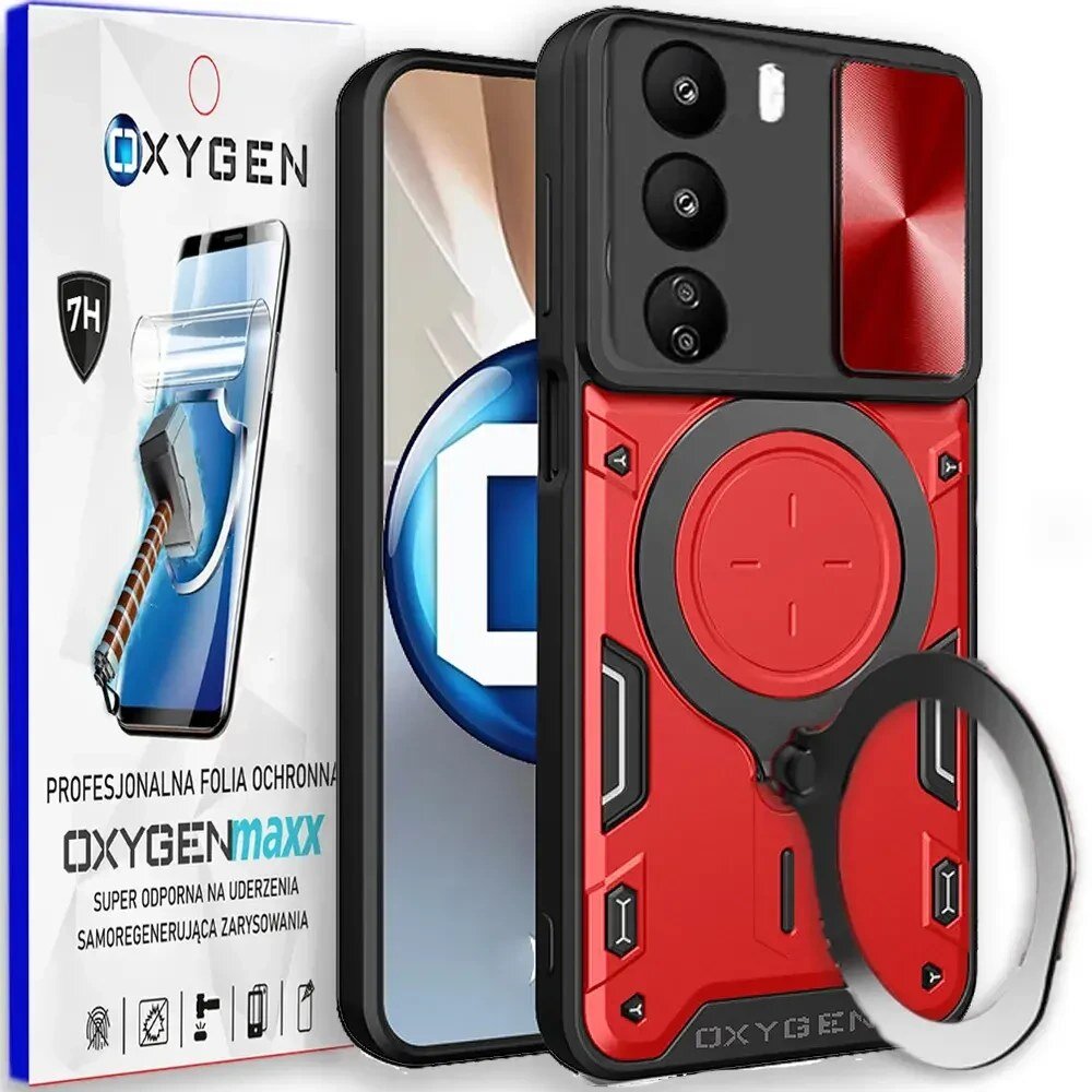 Obraz przedstawia czerwone etui na telefon z trzema aparatami i okrągłym uchwytem. Obok znajduje się opakowanie z napisem \'OXYGEN\' oraz \'PROFESJONALNA FOLIA OCHRONNA OXYGENmaxx SUPER ODPORNA NA UDERZENIA SAMOREGENERUJĄCA ZARYSOWANIA\'.