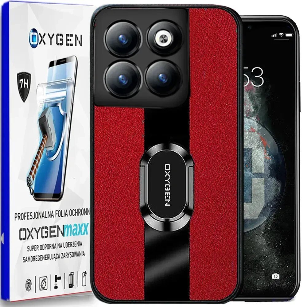 Obraz przedstawia czerwone etui na telefon z czarnym paskiem i napisem \'OXYGEN\' oraz czterema okrągłymi elementami przypominającymi obiektywy. Obok znajduje się opakowanie z napisem \'OXYGEN\', \'PROFESJONALNA FOLIA OCHRONNA\', \'OXYGENmaxx\', \'SUPER ODPORNA NA UDERZENIA\', \'SAMOREGENERUJĄCA ZARYSOWANIA\'.