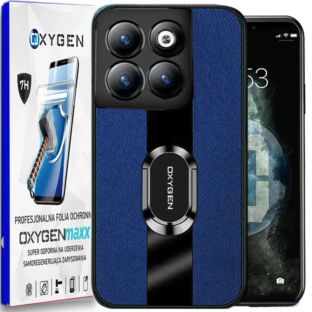 Na obrazie widoczne jest etui na telefon z niebieskim wzorem i czarnym paskiem z napisem \'OXYGEN\'. Obok znajduje się opakowanie z tekstem: \'OXYGEN\', \'PROFESJONALNA FOLIA OCHRONNA\', \'OXYGEN MAXX\', \'SUPER ODPORNA NA UDERZENIA\', \'SAMOREGENERUJĄCA ZARYSOWANIA\'.