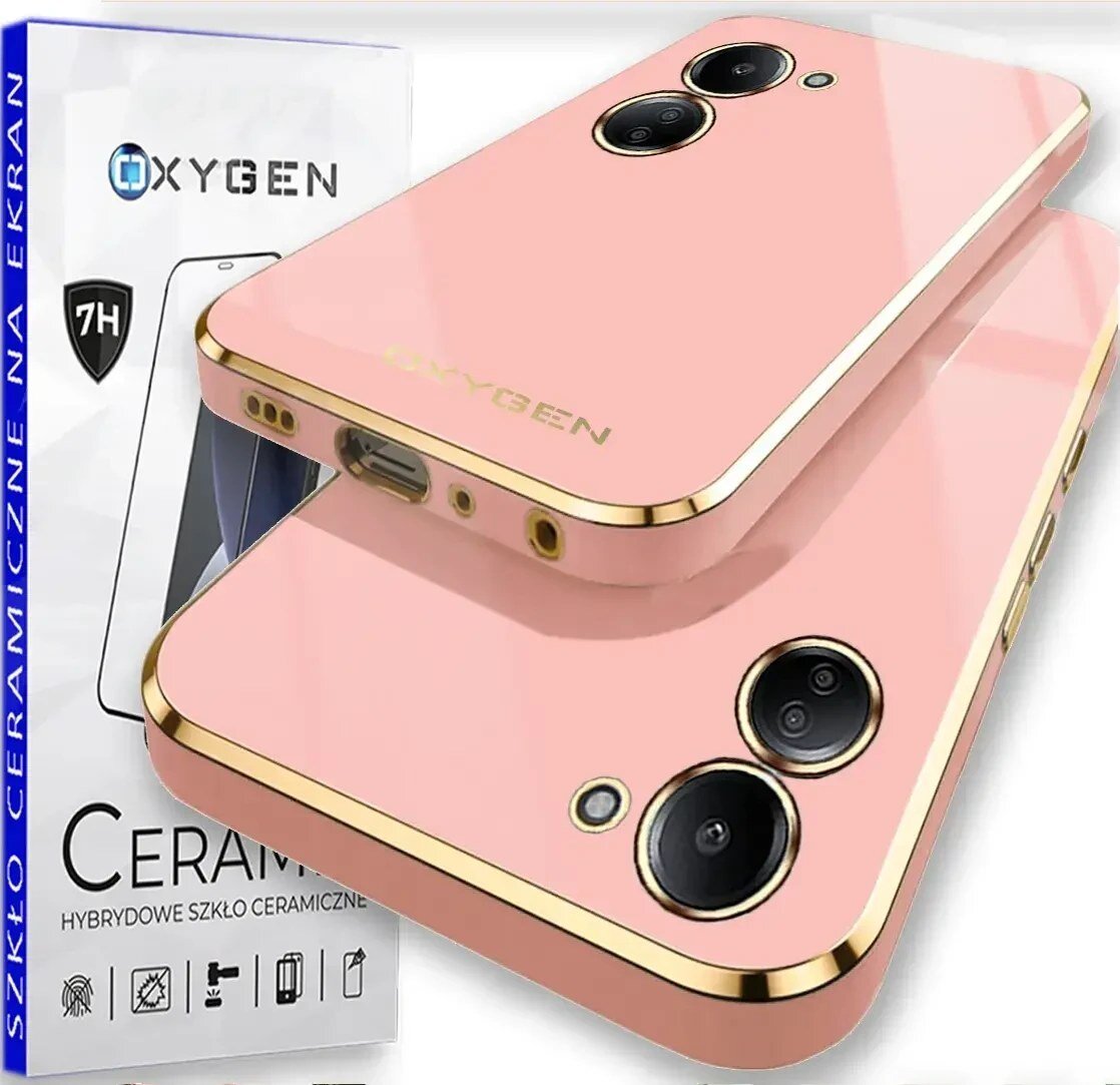 Na obrazie widoczne jest różowe etui na telefon z złotymi krawędziami oraz opakowanie z napisem \'OXYGEN\' i \'SZKŁO CERAMICZNE NA EKRAN\'.