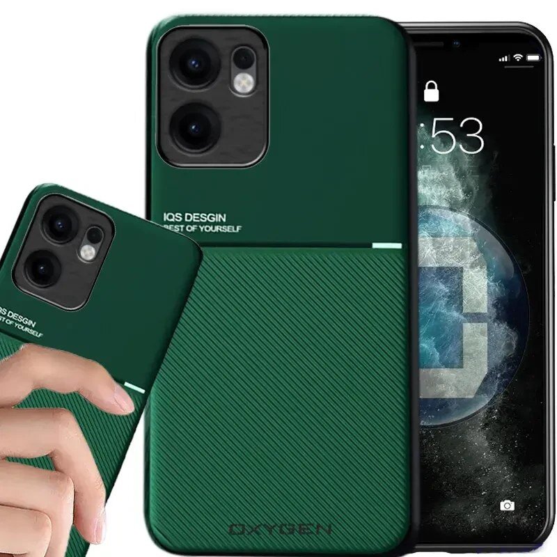 Zielone etui na telefon z napisem \'IQS DESIGN BEST OF YOURSELF\' oraz logo \'OXYGEN\'. Etui jest pokazane na tle telefonu z wyświetlaczem pokazującym godzinę 2:53.