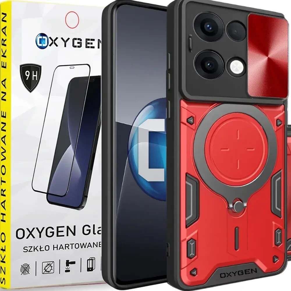 Obraz przedstawia czerwone etui na telefon z czarnymi elementami oraz opakowanie szkła hartowanego z napisem \'OXYGEN Glass Szkło Hartowane 9H\'.