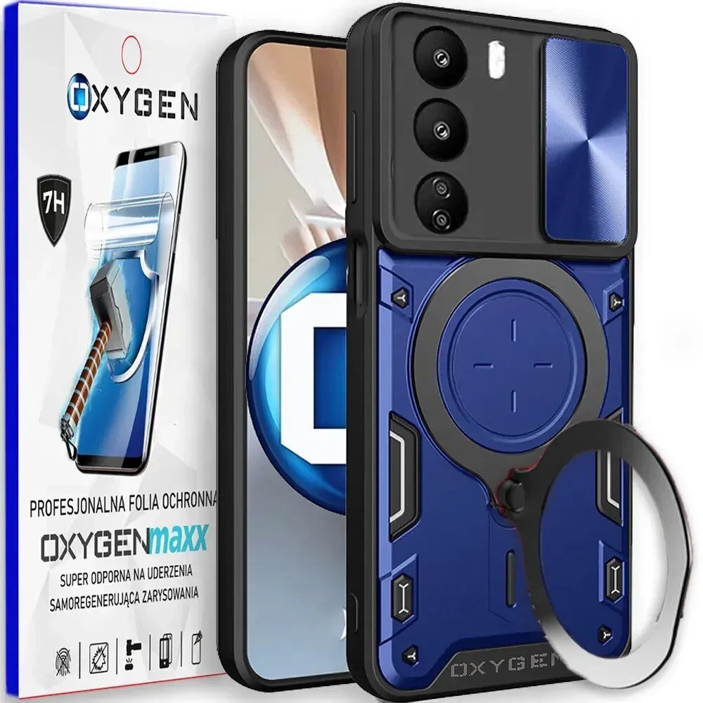 Obraz przedstawia etui na telefon w kolorze niebieskim z czarnymi elementami oraz opakowanie z napisem \'OXYGEN\'. Na opakowaniu widnieje tekst: \'PROFESJONALNA FOLIA OCHRONNA OXYGENmaxx SUPER ODPORNA NA UDERZENIA SAMOREGENERUJĄCA ZARYSOWANIA\'.