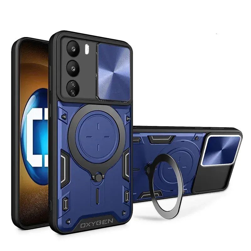Na obrazie widoczne jest niebieskie etui na telefon z napisem \'OXYGEN\' oraz okrągłym uchwytem. Etui posiada wycięcia na aparat i inne elementy telefonu.