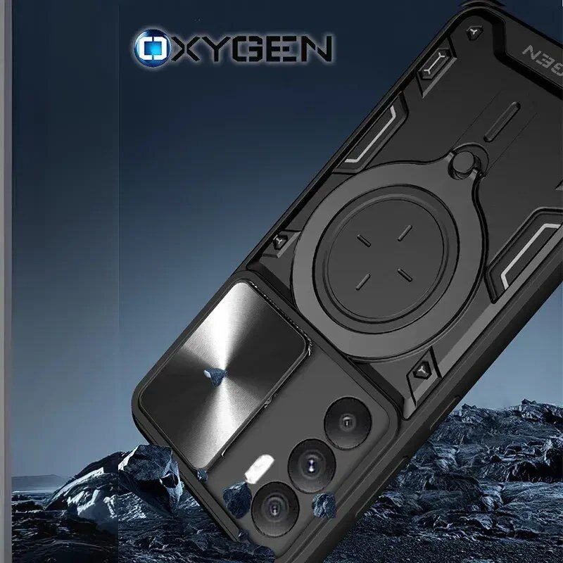 Obraz przedstawia czarne etui na telefon z wyraźnymi detalami i okrągłym wzorem na środku. W tle widoczne jest logo \'OXYGEN\'.