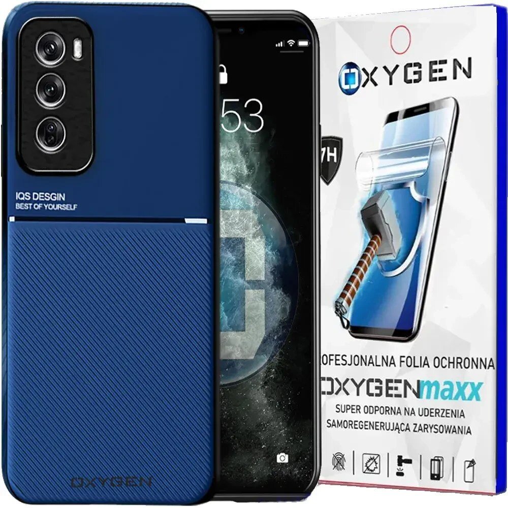 Na obrazie widoczne jest niebieskie etui na telefon z trzema aparatami oraz opakowanie z napisem \'OXYGEN\' i grafiką młotka uderzającego w ekran. Na opakowaniu znajduje się tekst: \'PROFESJONALNA FOLIA OCHRONNA OXYGENmaxx SUPER ODPORNA NA UDERZENIA SAMOREGENERUJĄCA ZARYSOWANIA\'.