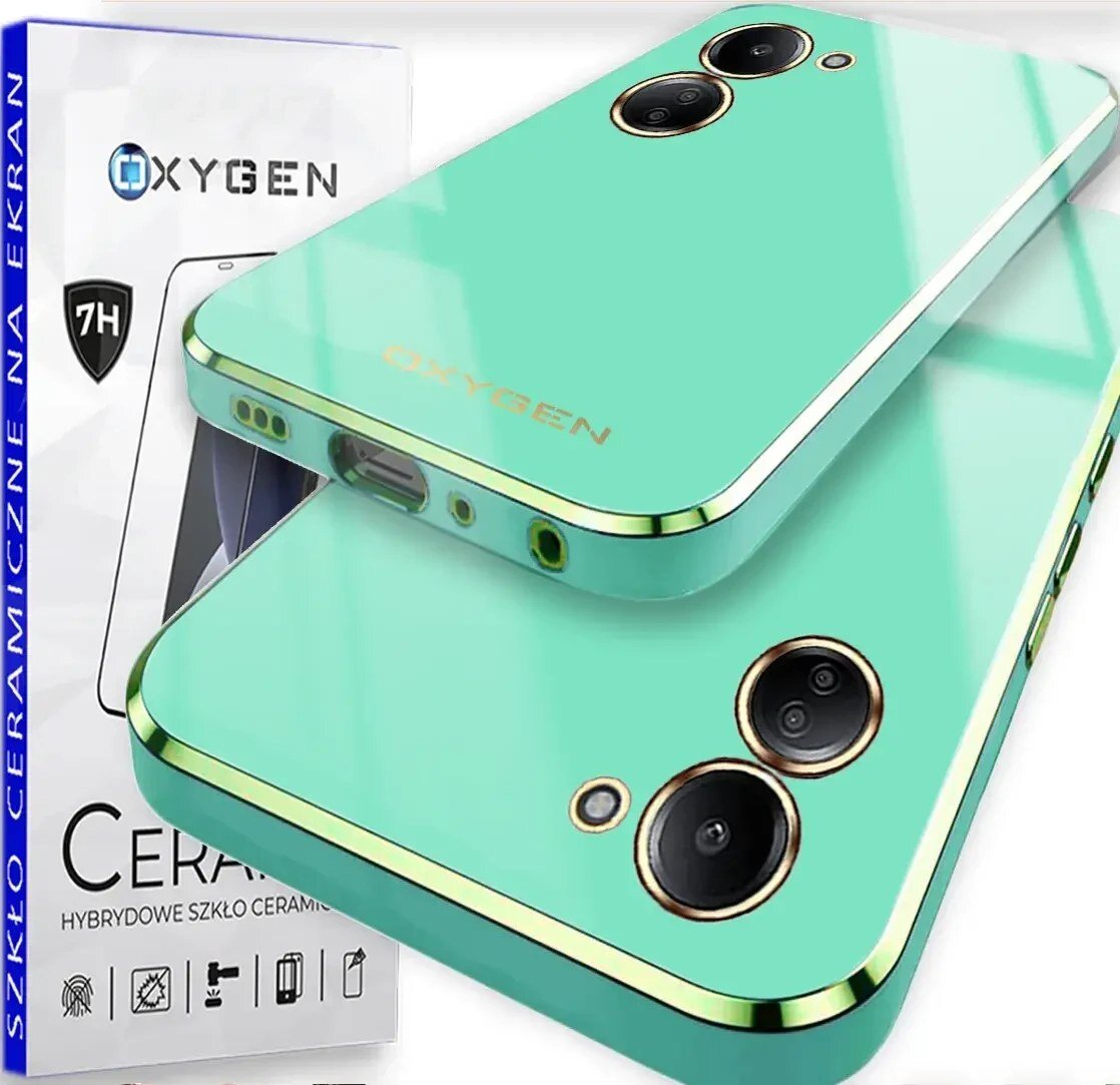 Obraz przedstawia zielone etui na telefon z napisem \'OXYGEN\' oraz pudełko z napisem \'CERAMIC\' i \'SZKŁO CERAMICZNE NA EKRAN\'.