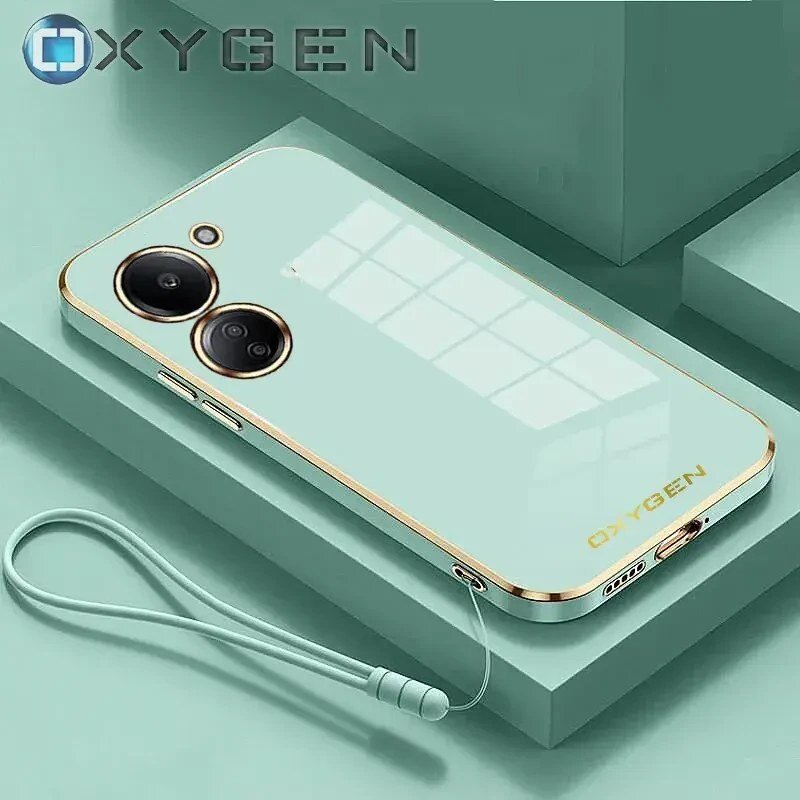 Obraz przedstawia etui na telefon w kolorze miętowym z dwoma dużymi otworami na aparaty i złotymi krawędziami. Na etui widoczny jest napis \'OXYGEN\'.