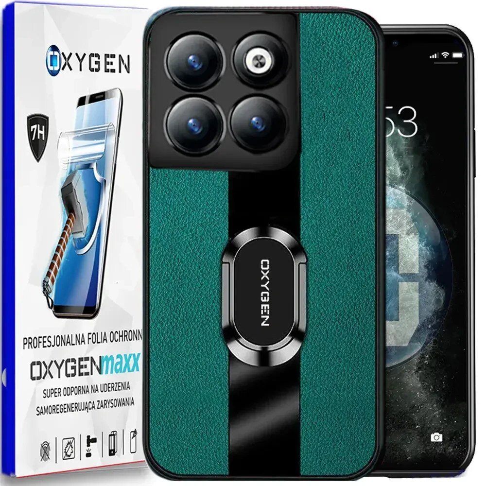 Obraz przedstawia etui na telefon z czterema okrągłymi elementami na górze i napisem \'OXYGEN\' na środku. Obok znajduje się opakowanie z tekstem: \'OXYGEN Profesjonalna folia ochronna OXYGENmaxx super odporna na uderzenia samoregenerująca zarysowania\'.