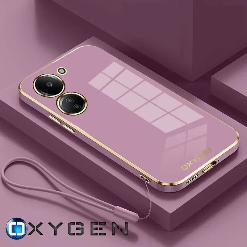 Etui na telefon w kolorze różowym z dwoma dużymi otworami na aparaty i złotymi krawędziami. Na etui widoczny jest napis \'OXYGEN\'.