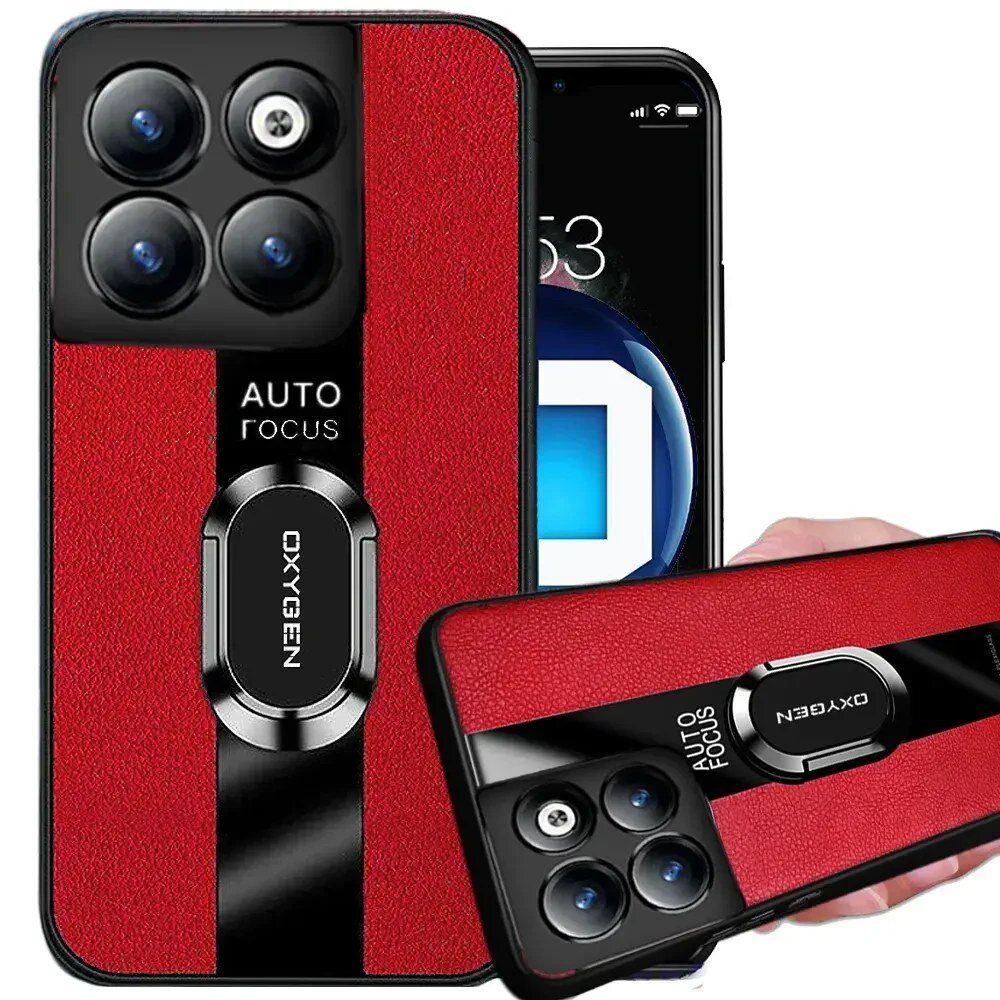 Etui na telefon w kolorze czerwonym z czarnym paskiem i napisem \'AUTO FOCUS OXYGEN\'. Widoczne są cztery okrągłe otwory na aparaty fotograficzne.