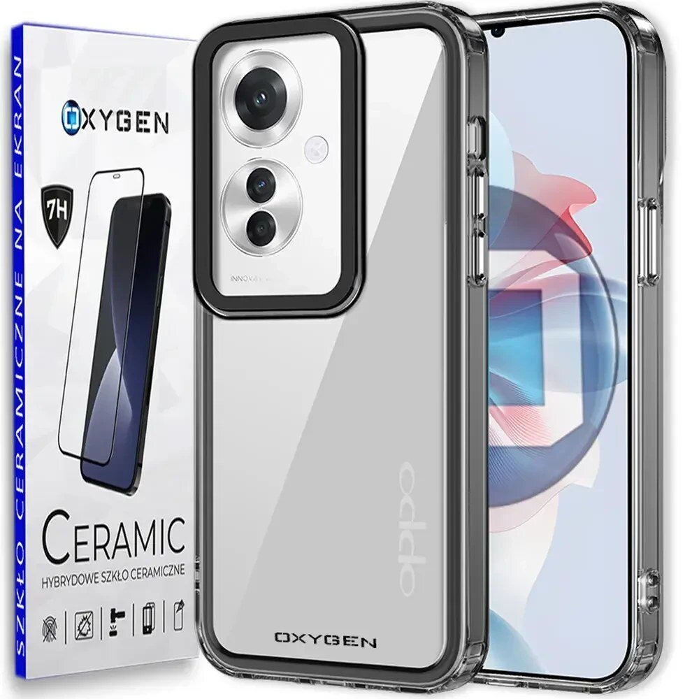 Obraz przedstawia przezroczyste etui na telefon z widocznym logo \'OXYGEN\' oraz opakowanie z napisem \'CERAMIC HYBRYDOWE SZKŁO CERAMICZNE\'.