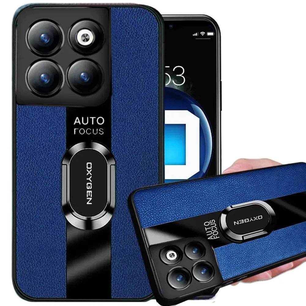Etui na telefon w kolorze niebieskim z czarnym paskiem i napisem \'AUTO FOCUS OXYGEN\'. Widoczne są cztery okrągłe otwory na aparat oraz uchwyt na palec z napisem \'OXYGEN\'.