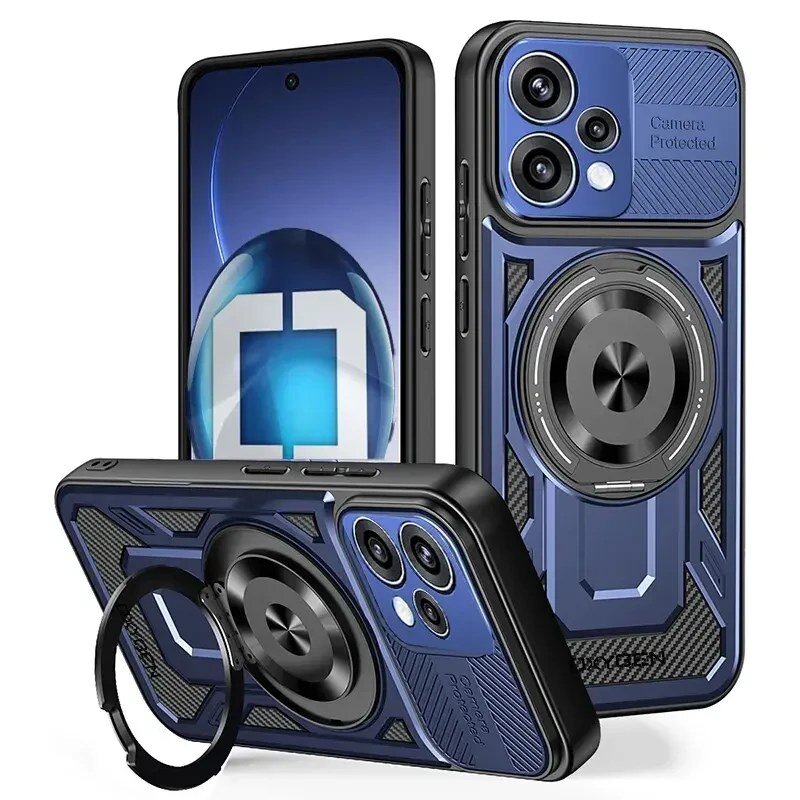 Na obrazie widoczne są trzy etui na telefon w kolorze niebieskim z czarnymi elementami, z okrągłym uchwytem na tylnej części. Na jednym z etui znajduje się napis \'Camera Protected\'.