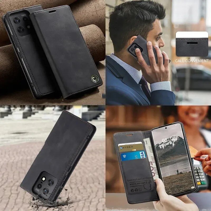 Obraz przedstawia czarne etui na telefon z trzema aparatami, z logo OXYGEN. Etui jest używane przez osobę podczas rozmowy telefonicznej, a także otwarte, ukazując miejsce na karty i ekran telefonu.