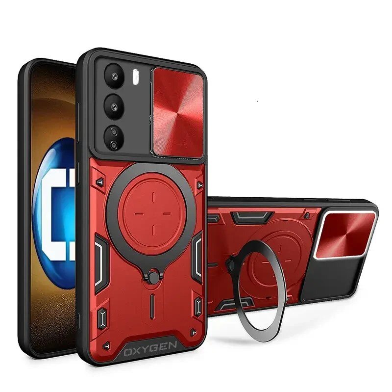Obraz przedstawia czerwone etui na telefon z trzema otworami na aparaty i napisem \'OXYGEN\' na dole. Etui ma metaliczne wykończenie i wbudowany uchwyt pierścieniowy.