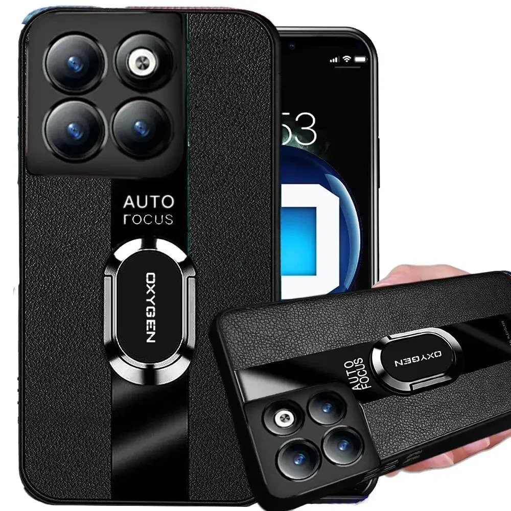 Na obrazie widoczne jest czarne etui na telefon z teksturą skóry, z napisem \'AUTO FOCUS\' i \'OXYGEN\'. Etui posiada wycięcie na aparat z czterema okrągłymi otworami.