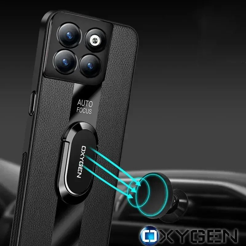Obraz przedstawia czarne etui na telefon z napisem \'AUTO FOCUS\' oraz \'OXYGEN\'. W tle widoczne jest logo \'OXYGEN\'.