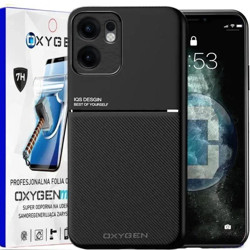 Na obrazie widoczne jest czarne etui na telefon z napisem \'IQS DESIGN BEST OF YOURSELF\' oraz opakowanie z logo \'OXYGEN\'. Na opakowaniu znajduje się tekst: \'PROFESJONALNA FOLIA OCHRONNA OXYGENMAX SUPER ODPORNA NA UDERZENIA SAMOREGENERUJĄCA ZARYSOWANIA\'.