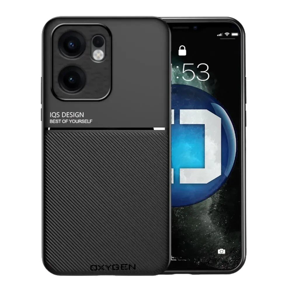 Czarne etui na telefon z teksturą i napisem \'IQS DESIGN BEST OF YOURSELF\' oraz logo \'OXYGEN\'. Widoczny jest telefon z ekranem pokazującym godzinę 5:53 i ikonę kłódki.