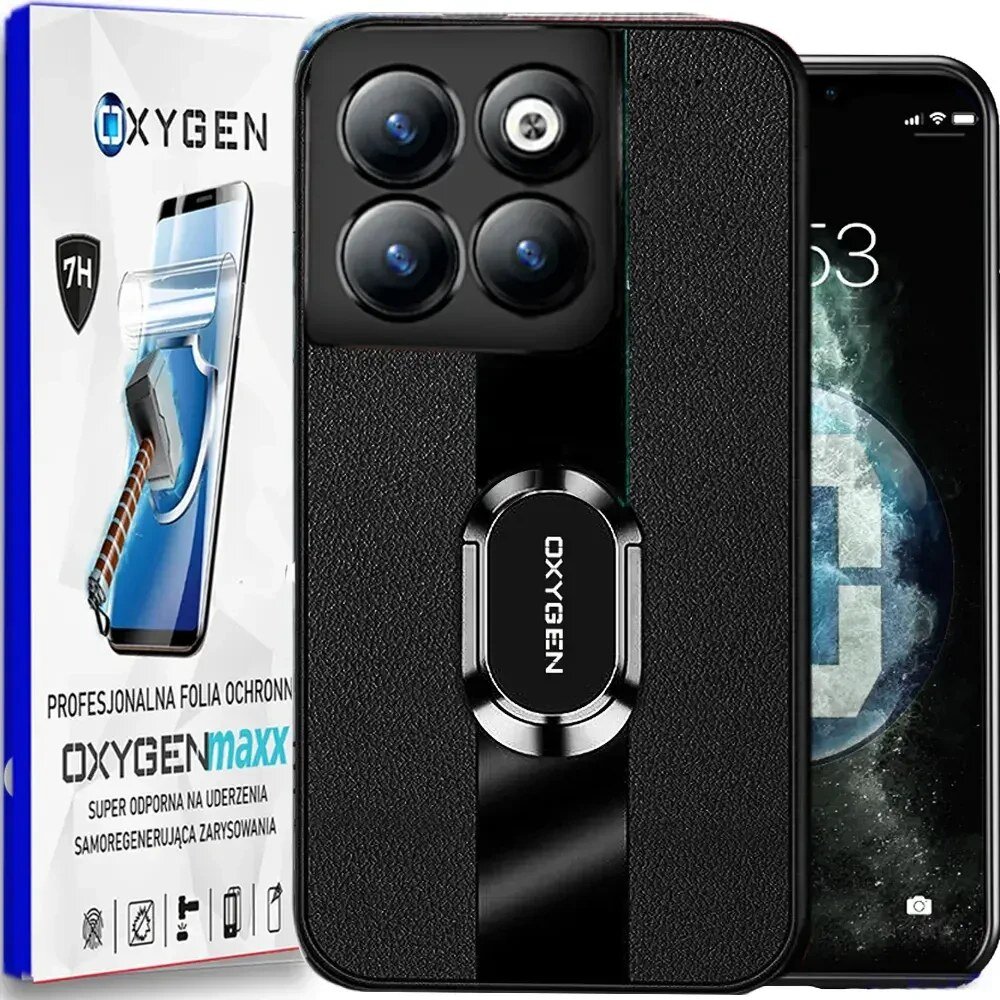 Na obrazie widoczne jest czarne etui na telefon z czterema okrągłymi otworami na aparat oraz logo \'OXYGEN\' na środku. Obok znajduje się opakowanie z napisem \'PROFESJONALNA FOLIA OCHRONNA OXYGENmaxx SUPER ODPORNA NA UDERZENIA SAMOREGENERUJĄCA ZARYSOWANIA\'.