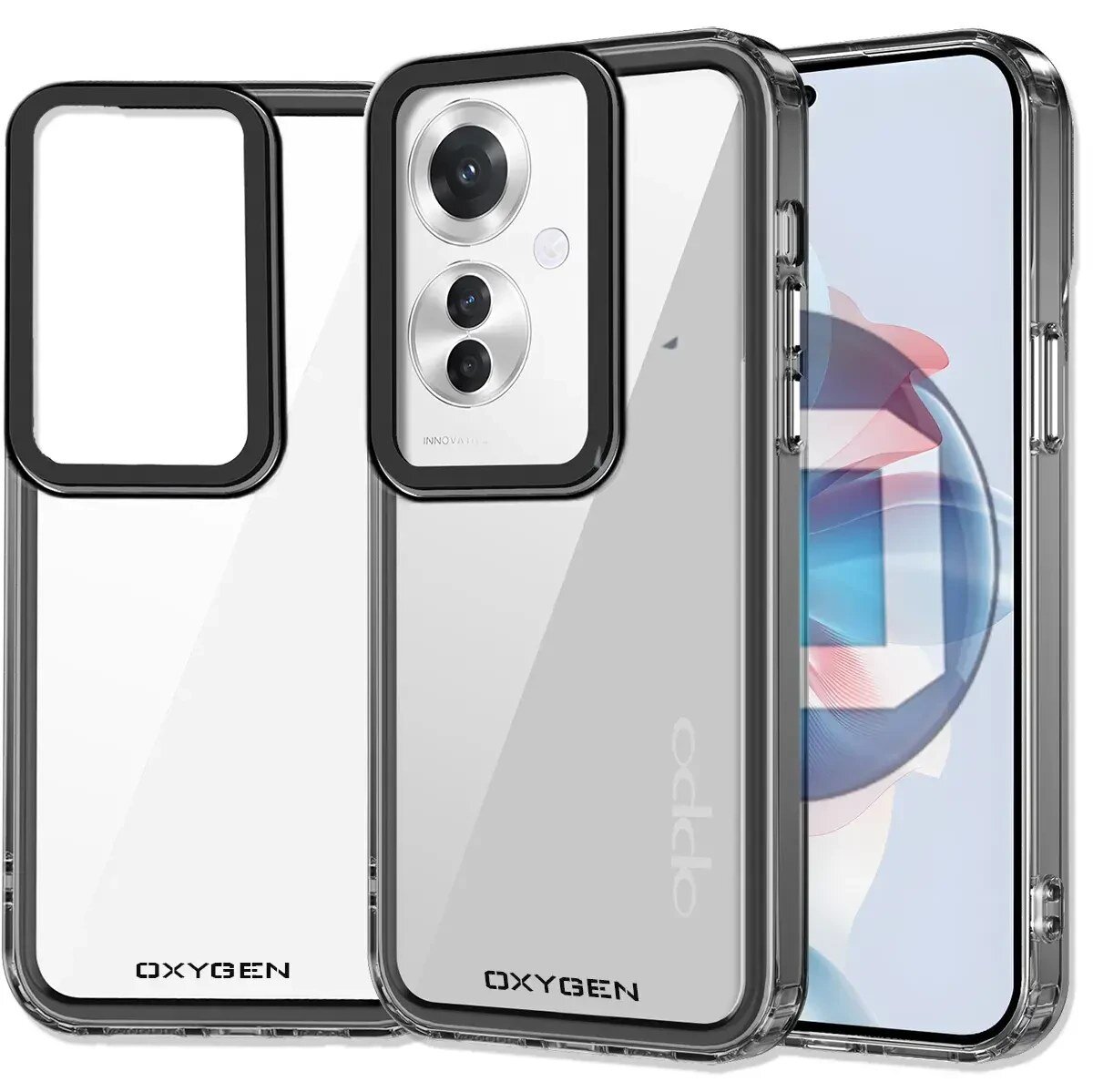 Przezroczyste etui na telefon z czarnym obramowaniem wokół aparatu, z widocznym logo \'OXYGEN\' na dole. W tle widać telefon z wyświetlaczem i logo \'oppo\'.