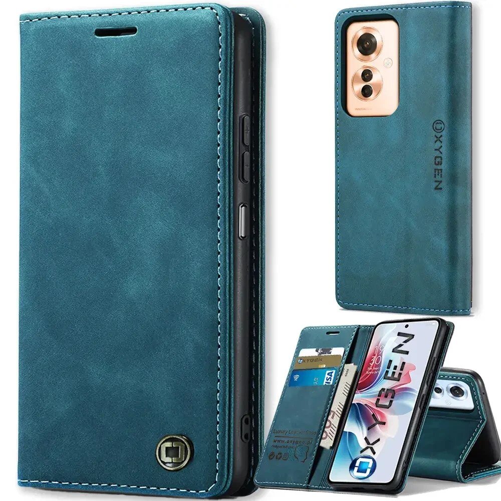 Na obrazie widoczne jest etui na telefon w kolorze niebieskim z logo \'OXYGEN\'. Etui posiada miejsce na karty oraz funkcję stojaka.