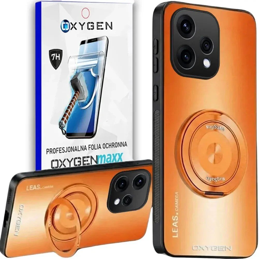 Obraz przedstawia pomarańczowe etui na telefon z trzema otworami na aparat oraz opakowanie z napisem \'OXYGENmaxx PROFESJONALNA FOLIA OCHRONNA\'. Na etui widoczny jest napis \'LEAS. CAMERA\' oraz \'OXYGEN\'.