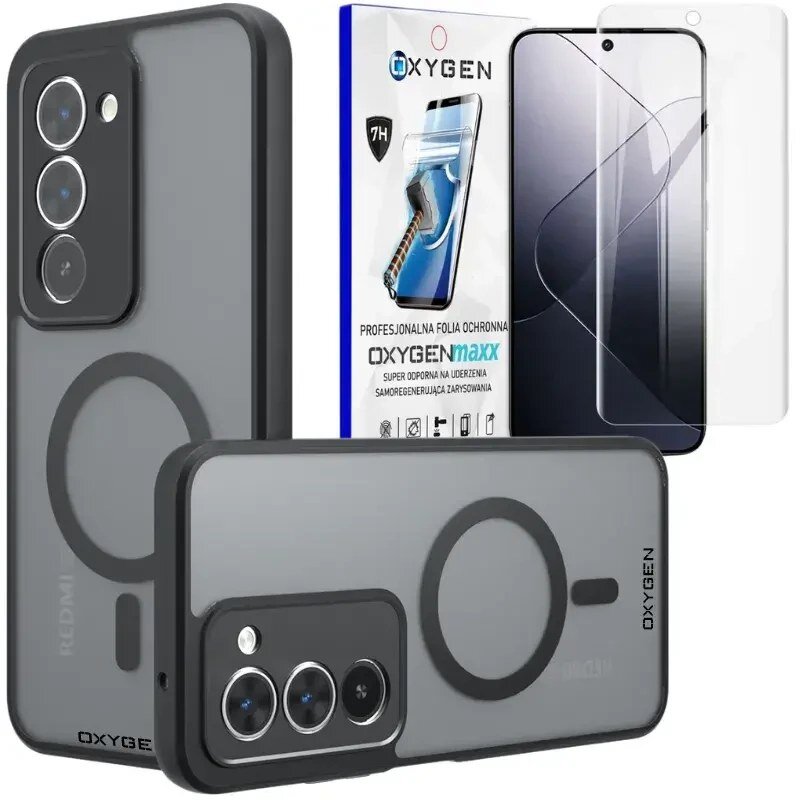 Na obrazie widoczne jest etui na telefon z trzema otworami na aparat oraz opakowanie folii ochronnej z napisem \'OXYGENmaxx\'. Etui ma ciemny kolor i widoczne logo \'OXYGEN\', a folia ochronna jest przezroczysta.