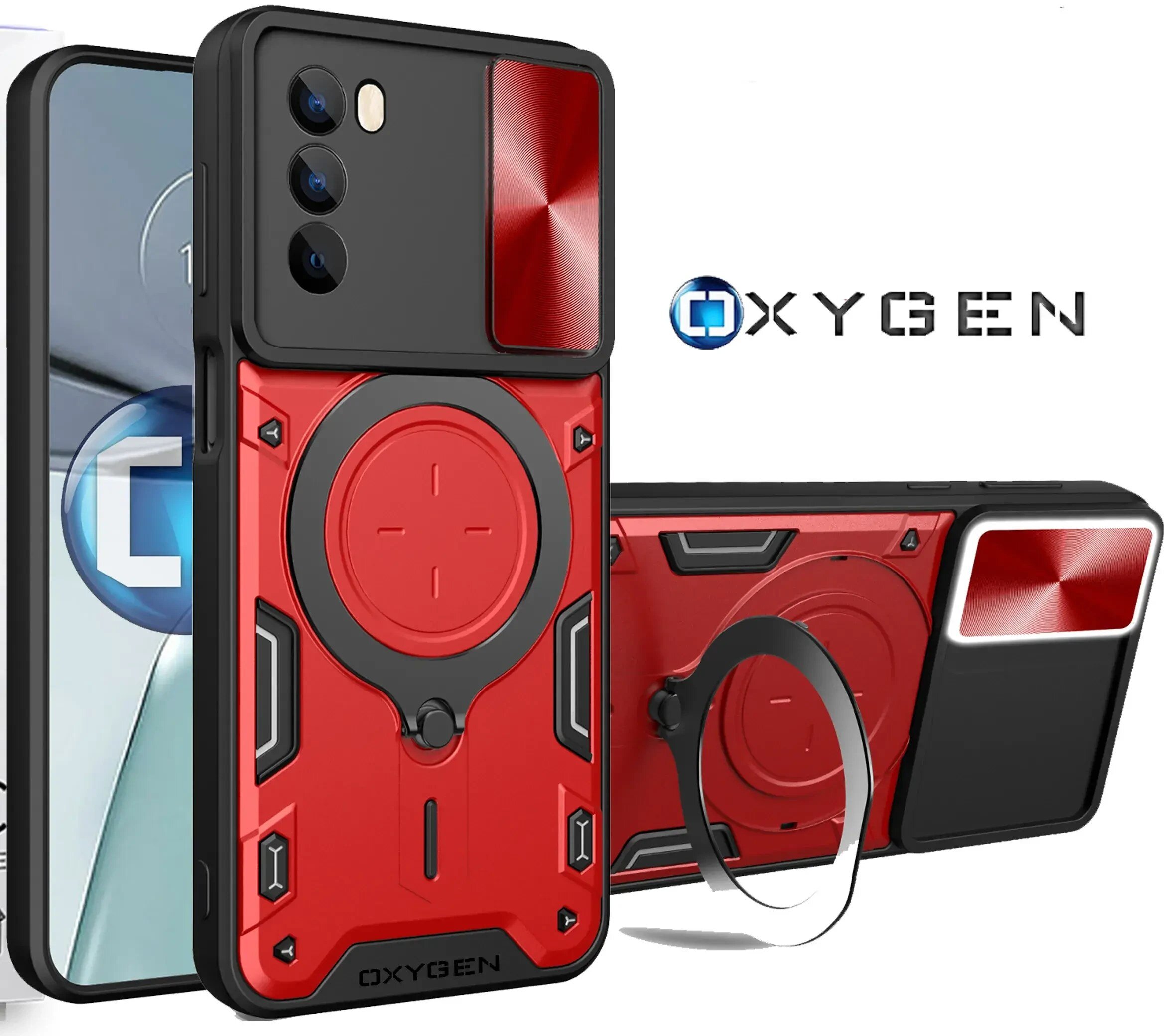 Obraz przedstawia czerwono-czarne etui na telefon z napisem \'OXYGEN\' oraz logo producenta. Etui ma nowoczesny design z okrągłym elementem na środku i wycięciami na aparat.