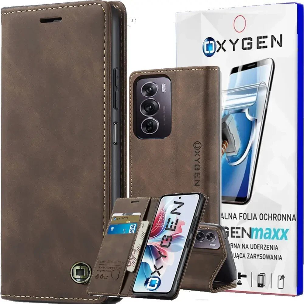 Na obrazie widoczne jest brązowe etui na telefon z logo OXYGEN, które posiada miejsce na karty. W tle znajduje się opakowanie z napisem \'OXYGEN\' oraz \'OCHRONNA FOLIA OCHRONNA\'.