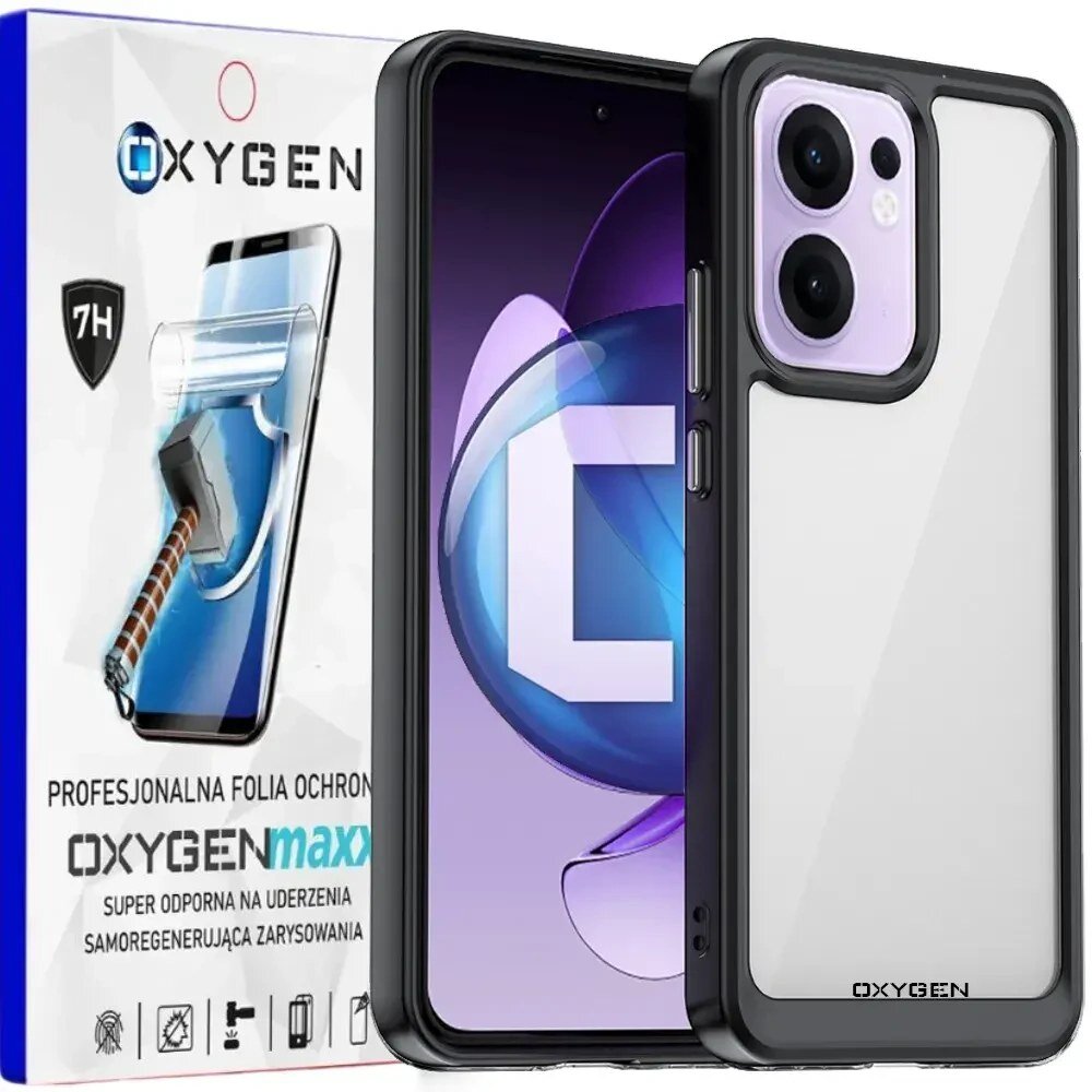 Obraz przedstawia przezroczyste etui na telefon z czarnymi krawędziami oraz opakowanie z napisem \'OXYGENmaxx\'. Na opakowaniu widoczny jest również młotek uderzający w ekran telefonu oraz tekst: \'PROFESJONALNA FOLIA OCHRONNA\', \'SUPER ODPORNA NA UDERZENIA\', \'SAMOREGENERUJĄCA ZARYSOWANIA\'.