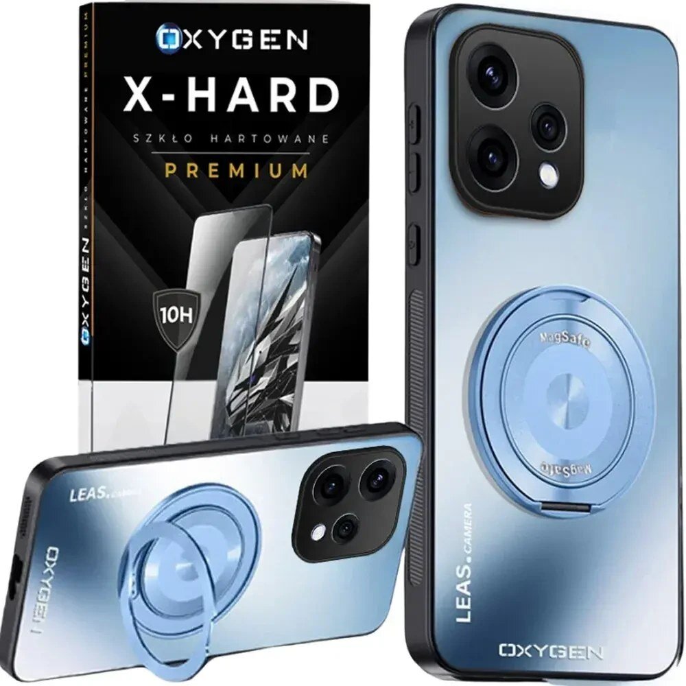 Na obrazie widoczne jest etui na telefon w kolorze niebieskim z napisem \'MagSafe\' oraz opakowanie szkła hartowanego z napisem \'OXYGEN X-HARD SZKŁO HARTOWANE PREMIUM\'.