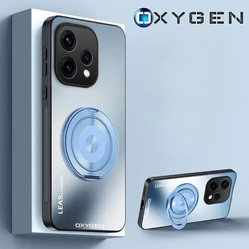 Obraz przedstawia etui na telefon z napisem \'OXYGEN\' i \'LEAS CAMERA\', z dużym okrągłym elementem na tylnej części. W tle widoczne jest logo OXYGEN.