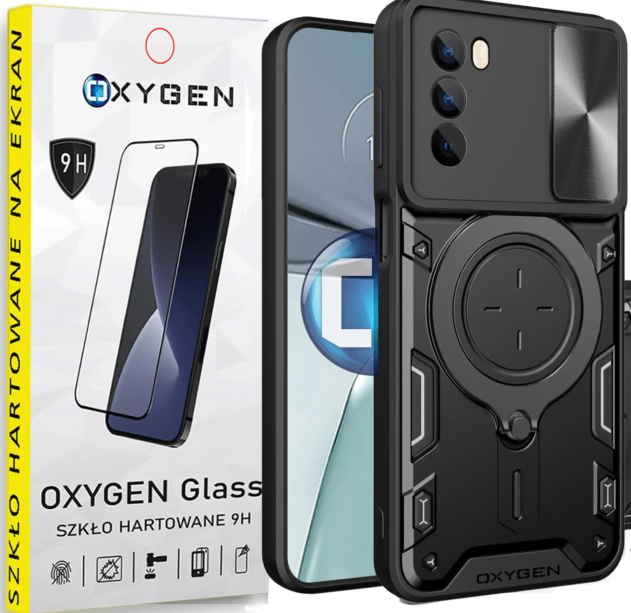 Obraz przedstawia czarne etui na telefon z okrągłym wzorem na tylnej części oraz opakowanie szkła hartowanego z napisem \'OXYGEN Glass SZKŁO HARTOWANE 9H\'. Widoczne są trzy obiektywy aparatu na etui oraz logo \'OXYGEN\'.