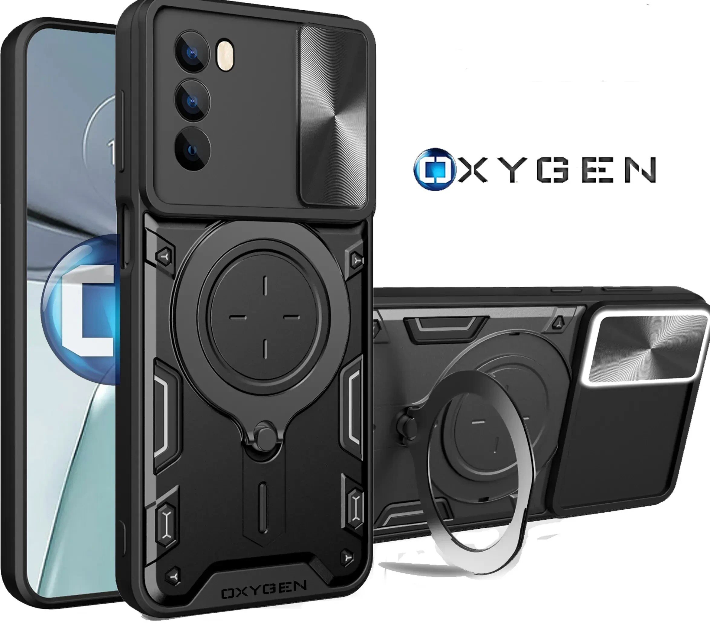 Obraz przedstawia czarne etui na telefon z napisem \'OXYGEN\' oraz logo. Etui ma wyraźne, geometryczne wzory i miejsce na aparat z trzema otworami.